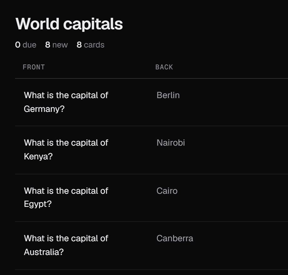 The World capitals deck in Flash: 8 new cards, each with its question and answer