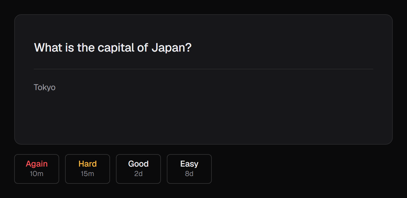 A card in study: What is the capital of Japan? Tokyo. Again in 10 minutes, Hard 15 minutes, Good 2 days, Easy 8 days.